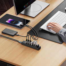 Hub PW7U-U3 7X Distributør USB-A USB-C 5V 3A 1M - Svart