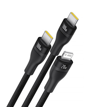 3In1 Kabel Flash Cable Series 3 100W USB-C - 2x USB-C iPhone Lightning 1.5m - svart