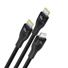 3In1 kabeļu flash kabeļu sērija 3 100W USB-C - 2x USB-C iPhone zibens 1.5m - melns