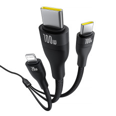 3IN1 KABLIKAANSE KABEL SERIE 3 100W USB-C - 2X USB-C IPHONE LANGSEMING 1.5m - Zwart