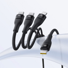 3In1 kabeļu flash kabeļu sērija 3 100W USB-C - 2x USB-C iPhone zibens 1.5m - melns