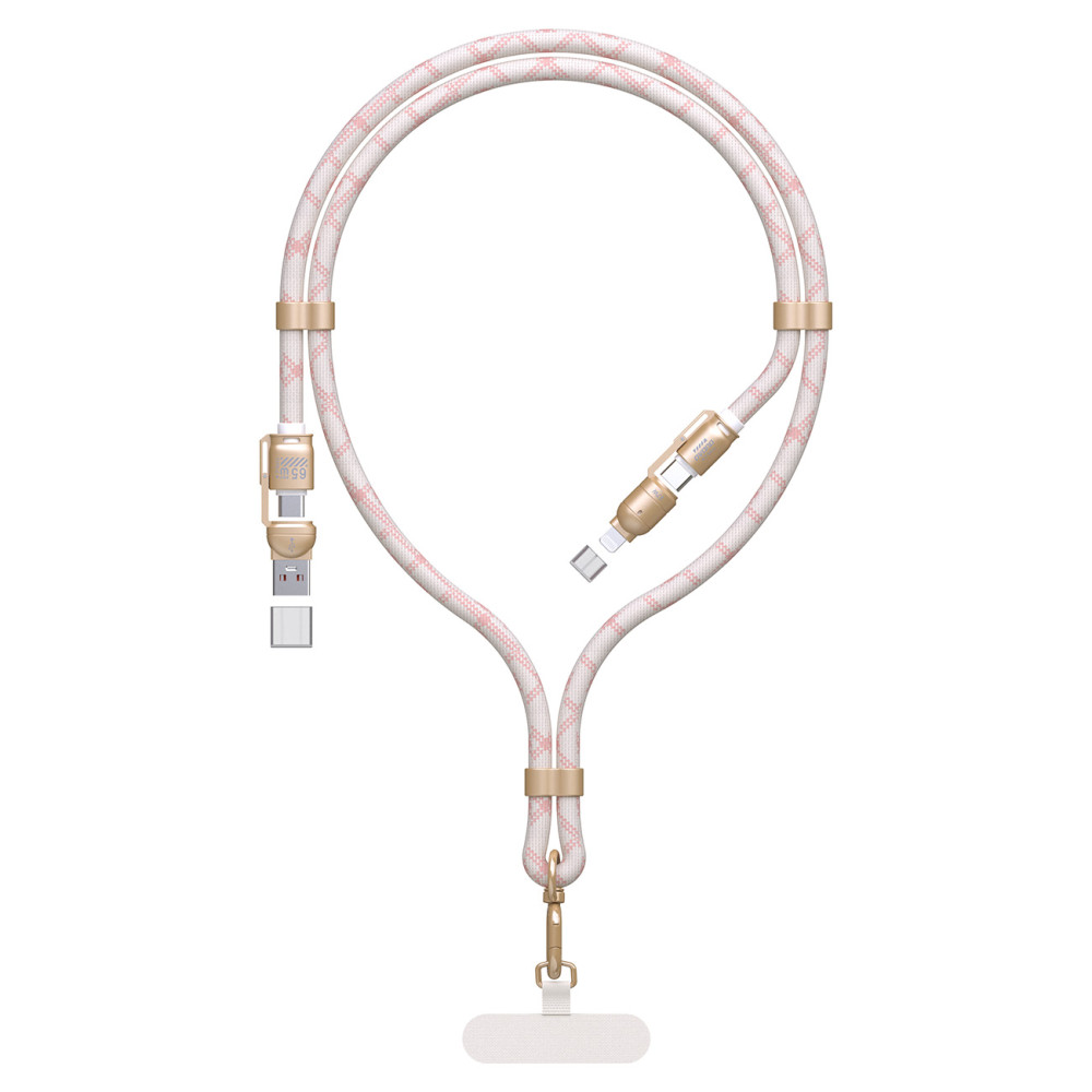 4IN1 Kabel tråd Lanyard USB-A / USB-C / iPhone Lightning PD QC 65W 1.5m - rosa