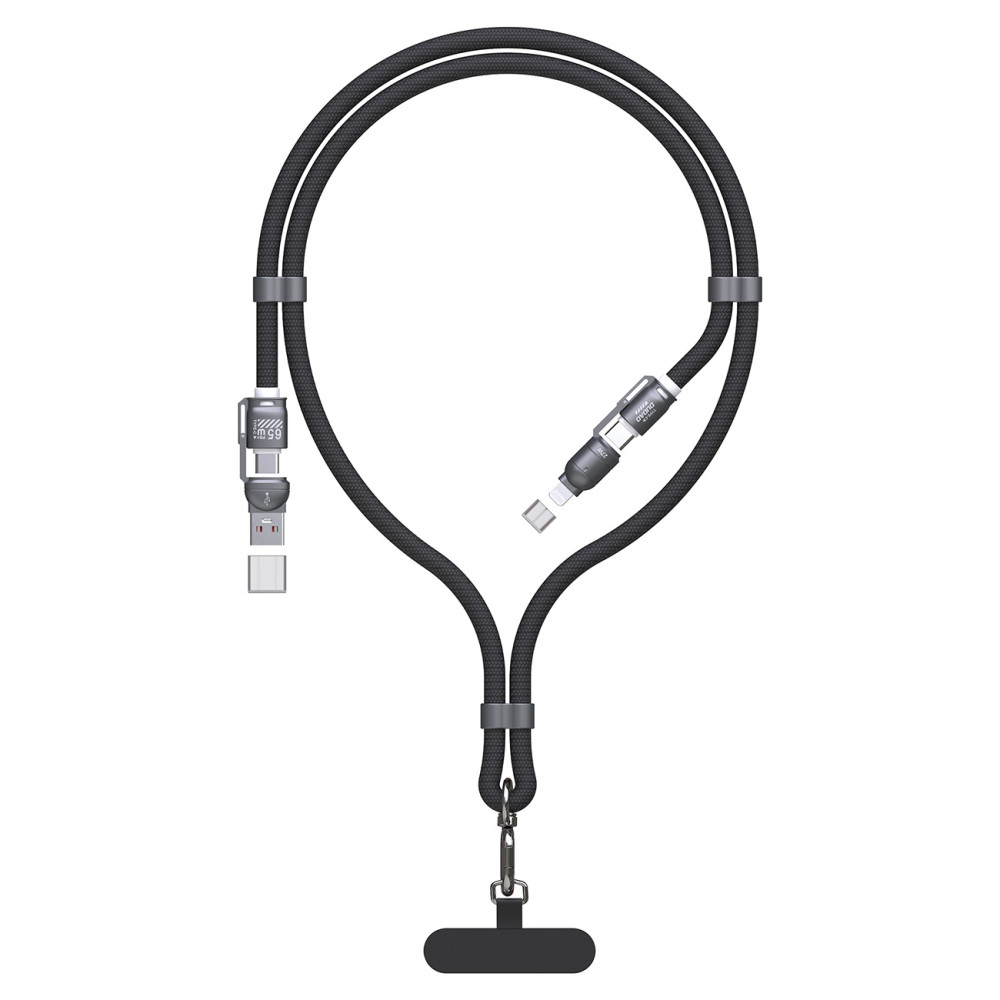 4in1 kabel wire lanyard USB-A / USB-C / iPhone Lightning PD QC 65W 1.5m - Svart