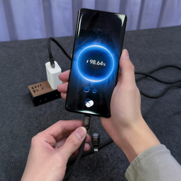 4IN1 Kabel tråd Lanyard USB-A / USB-C / iPhone Lightning PD QC 65W 1.5m - svart