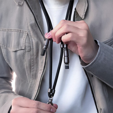 4in1 kabel wire lanyard USB-A / USB-C / iPhone Lightning PD QC 65W 1.5m - Svart