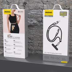 4in1 kabel wire lanyard USB-A / USB-C / iPhone Lightning PD QC 65W 1.5m - Svart