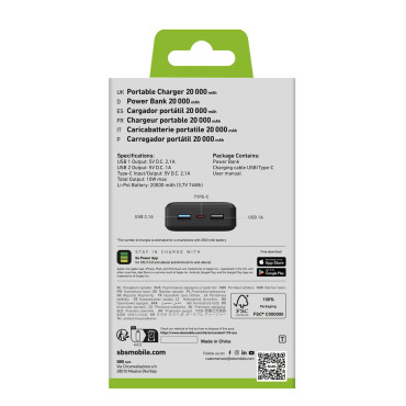 Powerbank 20000 mAh USB-A USB-C - Svart