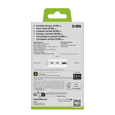 Powerbank 20000 Mah PD MicroUsb USB-C USB-A 20W - Branco