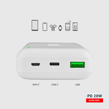Powerbank 20000 Mah PD MicroUsb USB-C USB-A 20W - Branco