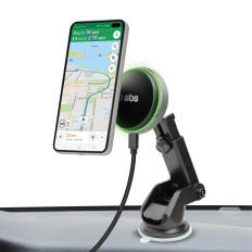 Lidar com um smartphone telescópico com um carregador sem fio Magsafe em um copo e uma placa - preto