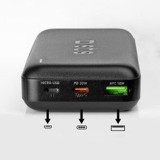 PowerBank 20000 mAh PD USB-C USB-A MICRO-USB 20W - melns