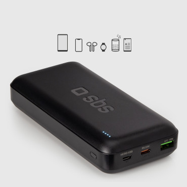 PowerBank 20000 mAh PD USB-C USB-A MICRO-USB 20W - melns