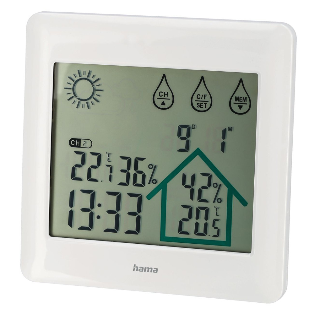 Værvarsel Hama Handling Hygrometer Termometer Klokke Dato - Hvit