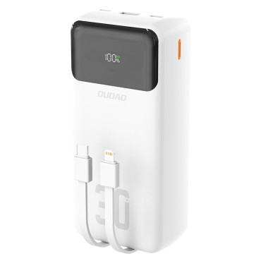 PowerBank 30000mAh ar iebūvētiem kabeļiem PD 22,5W - balts