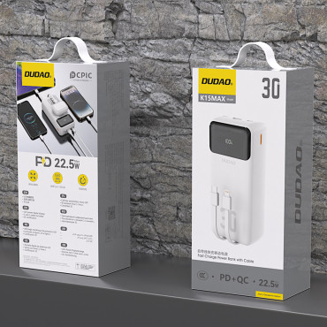 PowerBank 30000mAh ar iebūvētiem kabeļiem PD 22,5W - balts