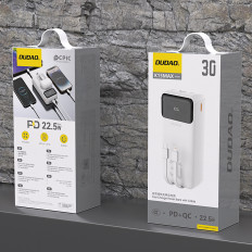 PowerBank 30000mAh ar iebūvētiem kabeļiem PD 22,5W - balts