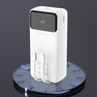 PowerBank 30000mAh ar iebūvētiem kabeļiem PD 22,5W - balts