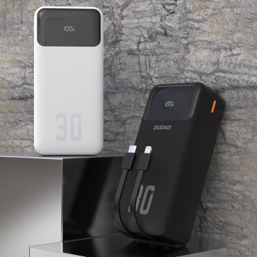PowerBank 30000mAh ar iebūvētiem kabeļiem PD 22,5W - balts