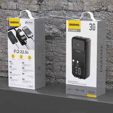 Power bank 30000mAh with built-in PD 22.5W cables - black
