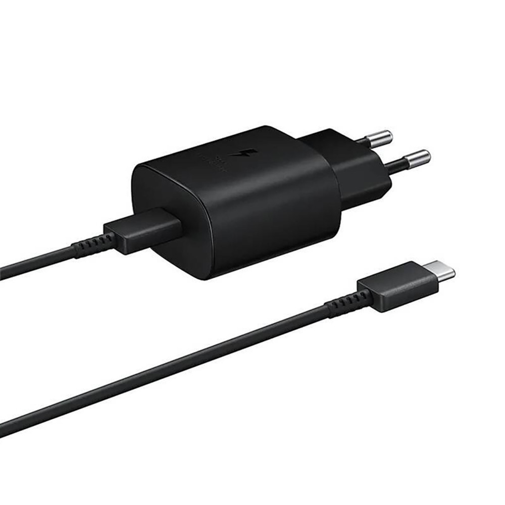 A 25W Samsung USB-C network charger with a USB-C cable - black
