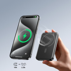 POWERBANK indukcinis 5000MAH USB-A USB-C 20W su USB-C kabeliu - juoda