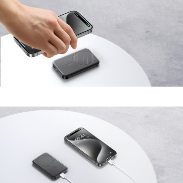 PowerBank Inductive 5000mAh USB-A USB-C 20W med USB-C-kabel - svart
