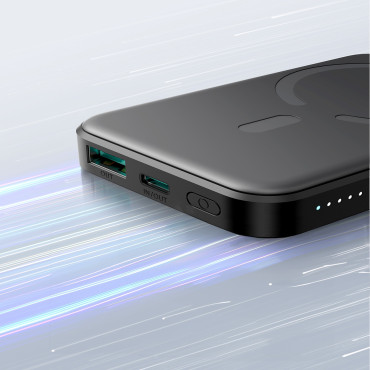 POWERBANK indukcinis 5000MAH USB-A USB-C 20W su USB-C kabeliu - juoda