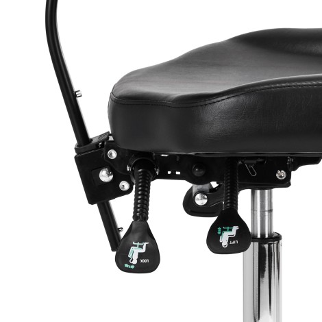 PRO INK 973 ergonomisk justerbar tatueringsstol svart — närbild av sits