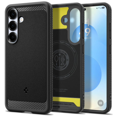 The case for the Samsung Galaxy S25 Rugged Armor Mag MagSafe is black matte