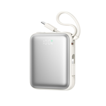 PowerBank 10000MAH 22.5W ar iebūvētiem USB-C zibens kabeļiem - balts