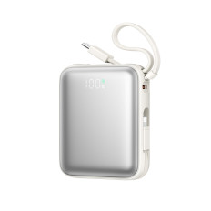PowerBank 10000MAH 22.5W ar iebūvētiem USB-C zibens kabeļiem - balts