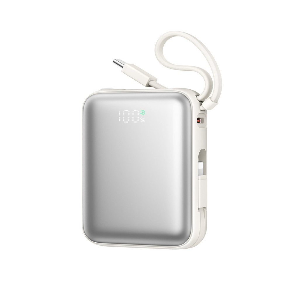 Powerbank 10000mAh 22.5w med indbyggede USB-C Lynkabler - Hvid