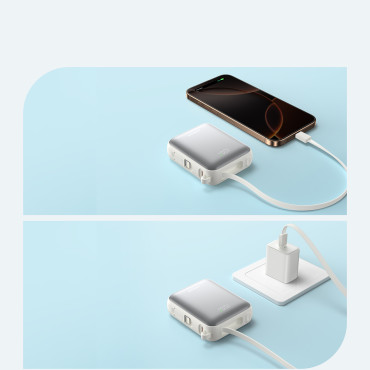 Powerbank 10000mAh 22.5w med indbyggede USB-C Lynkabler - Hvid