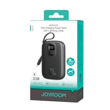 Powerbank 10000mAh mit eingebautem Kabel 22.5 iPhone Lightning USB-C 0,25 cm - schwarz