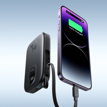 PowerBank 10000mAh ar iebūvētu kabeli 22.5 iPhone Zibens USB-C 0.25 cm - melns