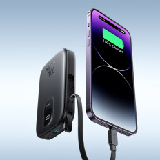 Powerbank 10000mAh mit eingebautem Kabel 22.5 iPhone Lightning USB-C 0,25 cm - schwarz