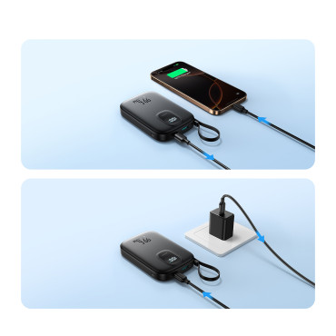 Powerbank 10000mAh mit eingebautem Kabel 22.5 iPhone Lightning USB-C 0,25 cm - schwarz