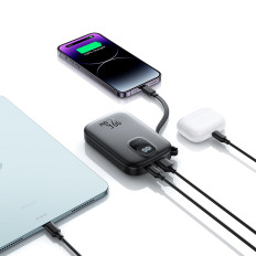 PowerBank 10000mAh ar iebūvētu kabeli 22.5 iPhone Zibens USB-C 0.25 cm - melns
