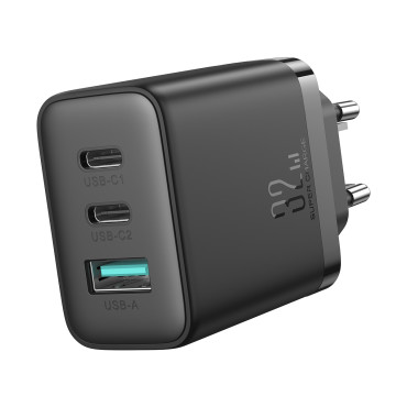 Snabb 2x USB-C / 1X USB-A-nätverksladdare 32W svart