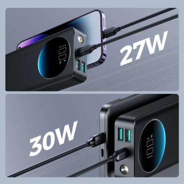 Powerbank med en 30W 30000MAH ficklampa + USB-A-kabel - USB-C 25cm Svart