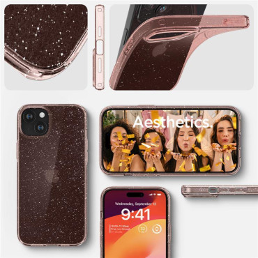 Fallfall på iPhone 15 plus flytande kristallglitter - rosa transparent