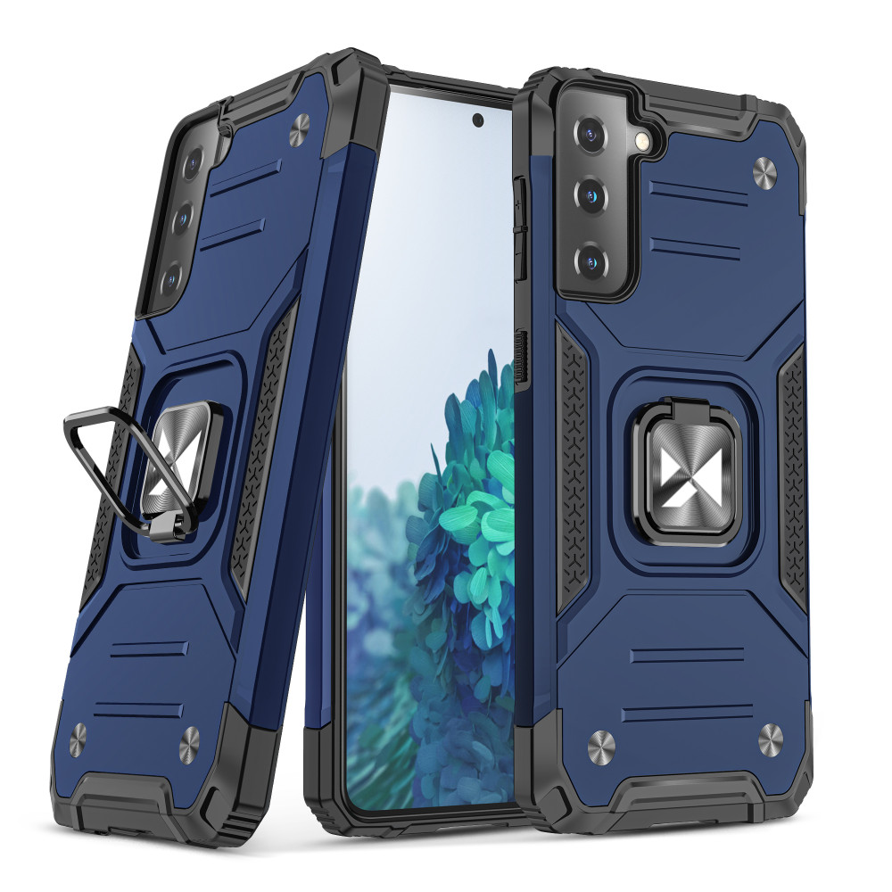 Caixa híbrida blindada com alça magnética para Samsung Galaxy S22 + Armadura de anel - azul