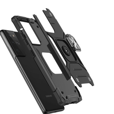 Cas hybride blindé avec poignée magnétique pour Samsung Galaxy S22 Ultra Bague Armure - Bleu