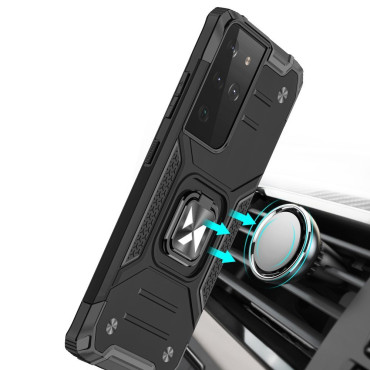 Cas hybride blindé avec poignée magnétique pour Samsung Galaxy S22 Ultra Bague Armure - Bleu