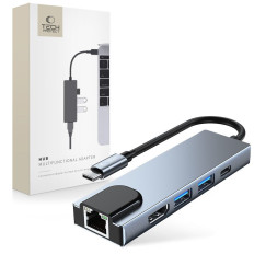 Distribuidor USB-C HUB 5W1 en USB-C USB-A HDMI RJ45 - GRIS