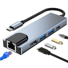 5W1 HUB USB-C-distributeur op USB-C USB-A HDMI RJ45 - GRIJS