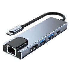 5W1 HUB USB-C Distributör på USB-C USB-A HDMI RJ45 - Grå