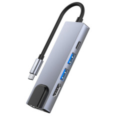 5W1 HUB USB-C Distributör på USB-C USB-A HDMI RJ45 - Grå