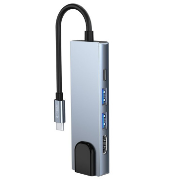 5W1 HUB USB-C Distributör på USB-C USB-A HDMI RJ45 - Grå