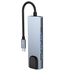 5W1 HUB USB-C-distributeur op USB-C USB-A HDMI RJ45 - GRIJS